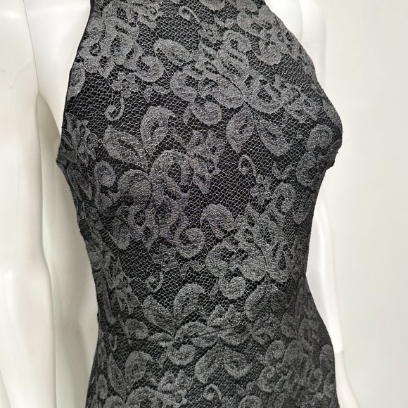 Belle Badgley Mischka Lace Overlay Back Slit Shimmer Maxi Dress Gown Black Sz 4 - Picture 6 of 16